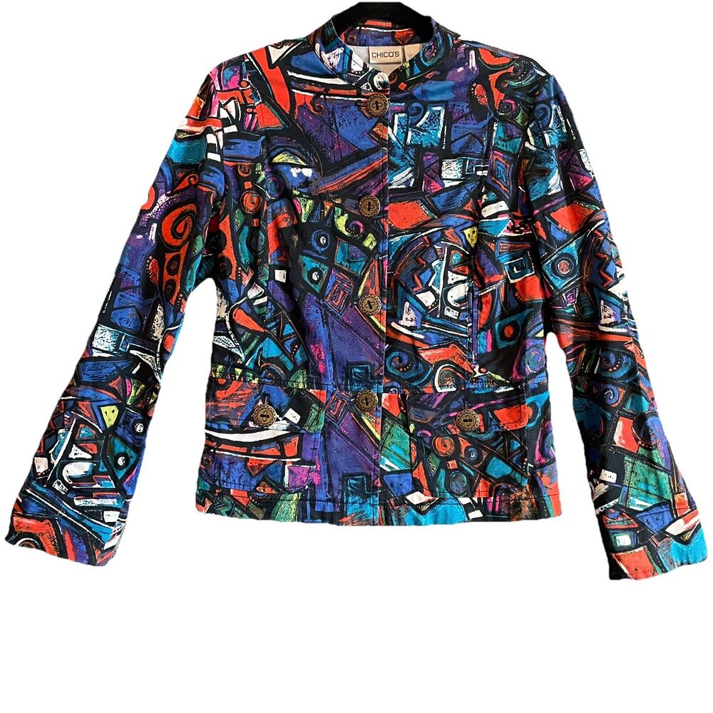 Chicos Womens Blazer Black/Orange/Blue Metal Button Pockets Sz 0 Abstract Art